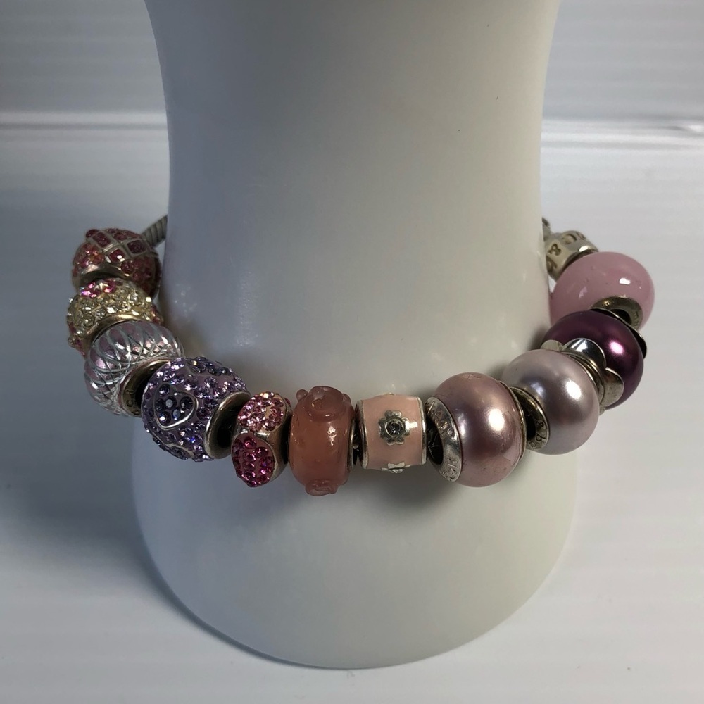 925 Amore & Baci Bracelet with 11 Pink/Purple Beads and Dangling Heart Stopper